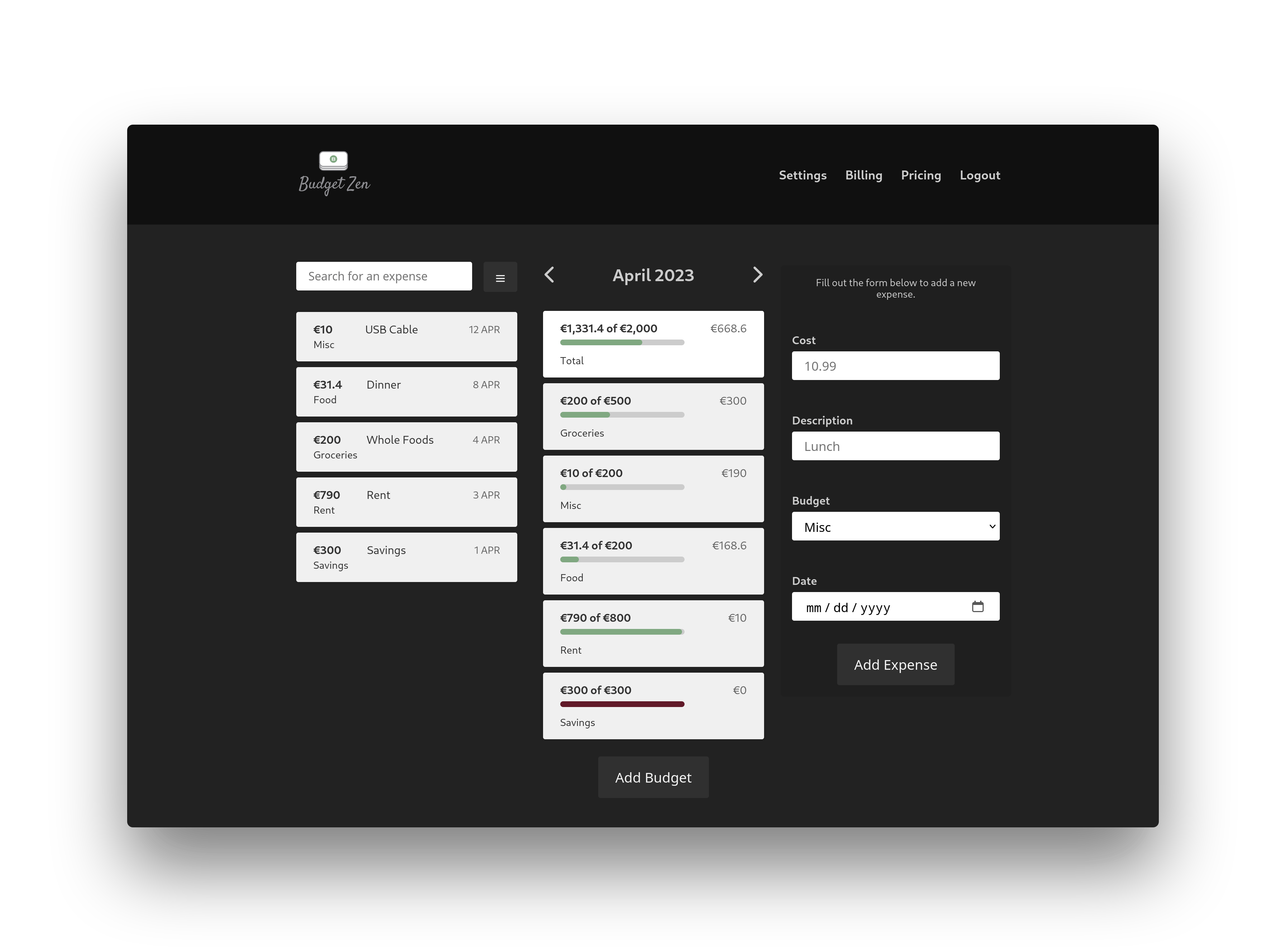 Screenshot of Budget Zen's main app page